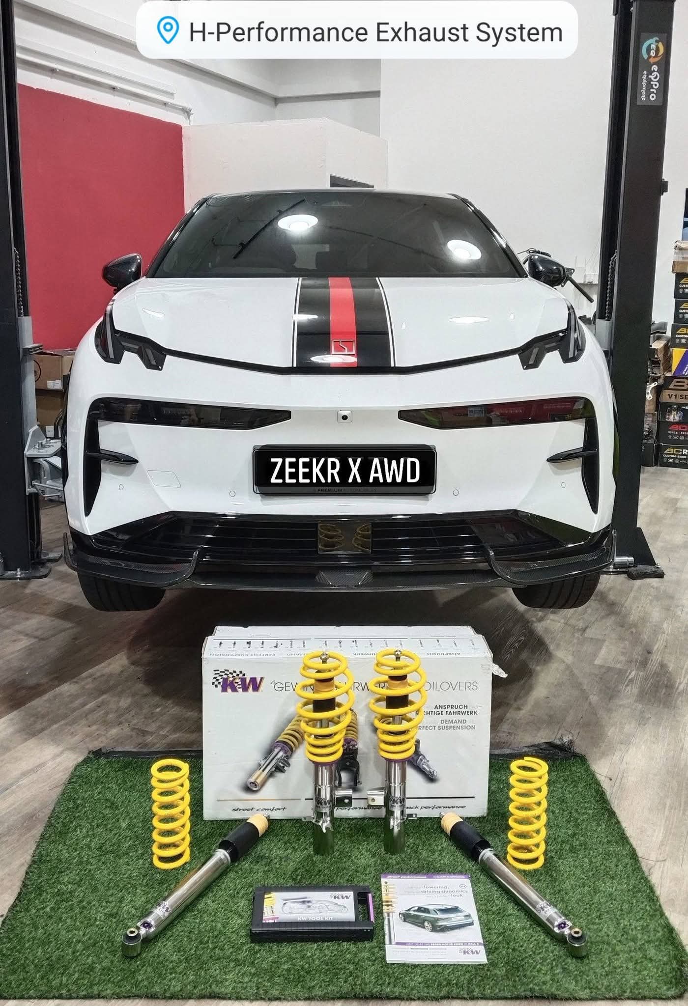 Zeekr X AWD with KW Variant 3 coilovers ready for install at H-Performance